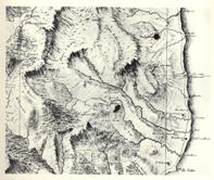 fig.77 - Stilo, Pazzano e le antiche ferriere di Stilo, in una immagine descrittiva delle caratteristiche naturali della zona, con la catena appenninica, le foreste ed i fiumi. (da Rizzi-Zannoni, op. cit.).